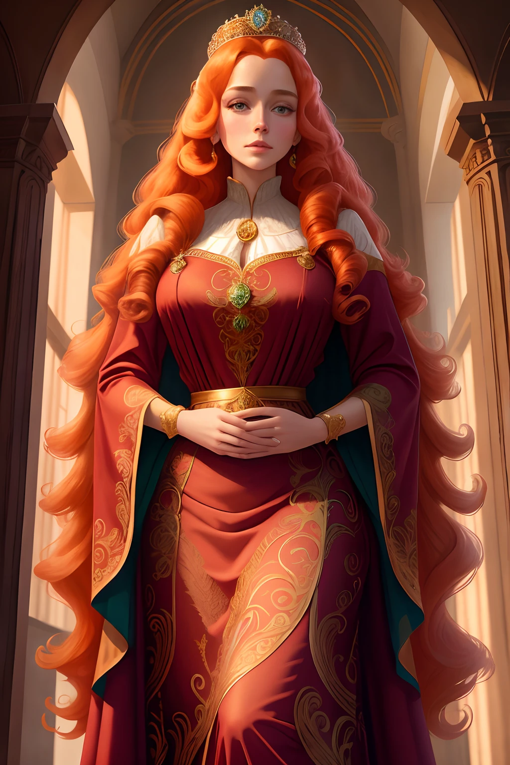 (フォリーノーバディズd15:0.8) 中世の肖像画ファンタジー (王族:1.1) 長さ [ショウガ|ブロンド] wavy hair princess glorious elaborate ornate royal emerald robes tiara gems standing in a 詳細 luxurious stone castle Game of Thrones Hogwarts bright morning light from window, (傑作:1.2) (最高品質) (詳細) (複雑な) (8k) (高解像度) (壁紙) (映画照明) (シャープなフォーカス)