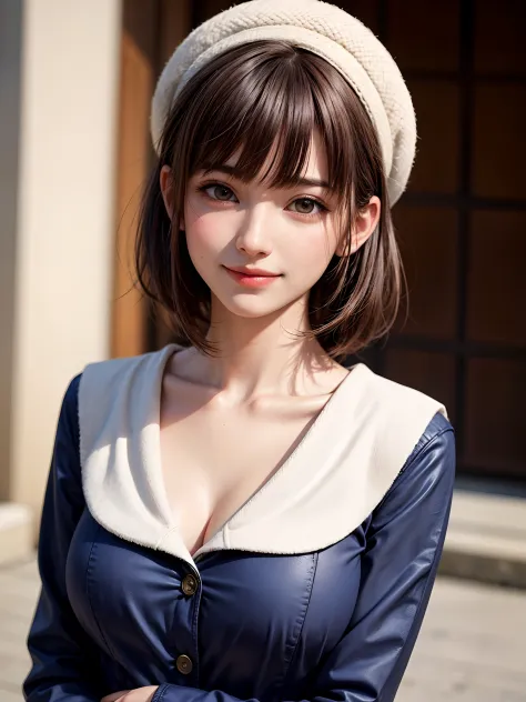 (masutepiece, top-quality、top-quality、The ultra -The high-definition、Beautiful woman full of adult charm),1girl in, 独奏, A dark-haired, scarf, Hats,, realisitic, looking at the viewers, black eyes of light color, shorth hair, coat, Winter clothes, White hea...