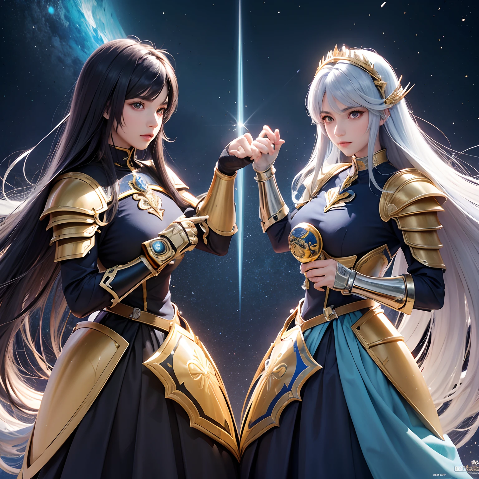 Obra prima melhor qualidade, cavaleiro bonito olhos azuis, cabelo comprido azul, usando armadura de ouro, Knight is Saint Seiya's Twins Saga, Wearing Gemini Gold Armor, extremamente detalhado, 8k, ultra realista