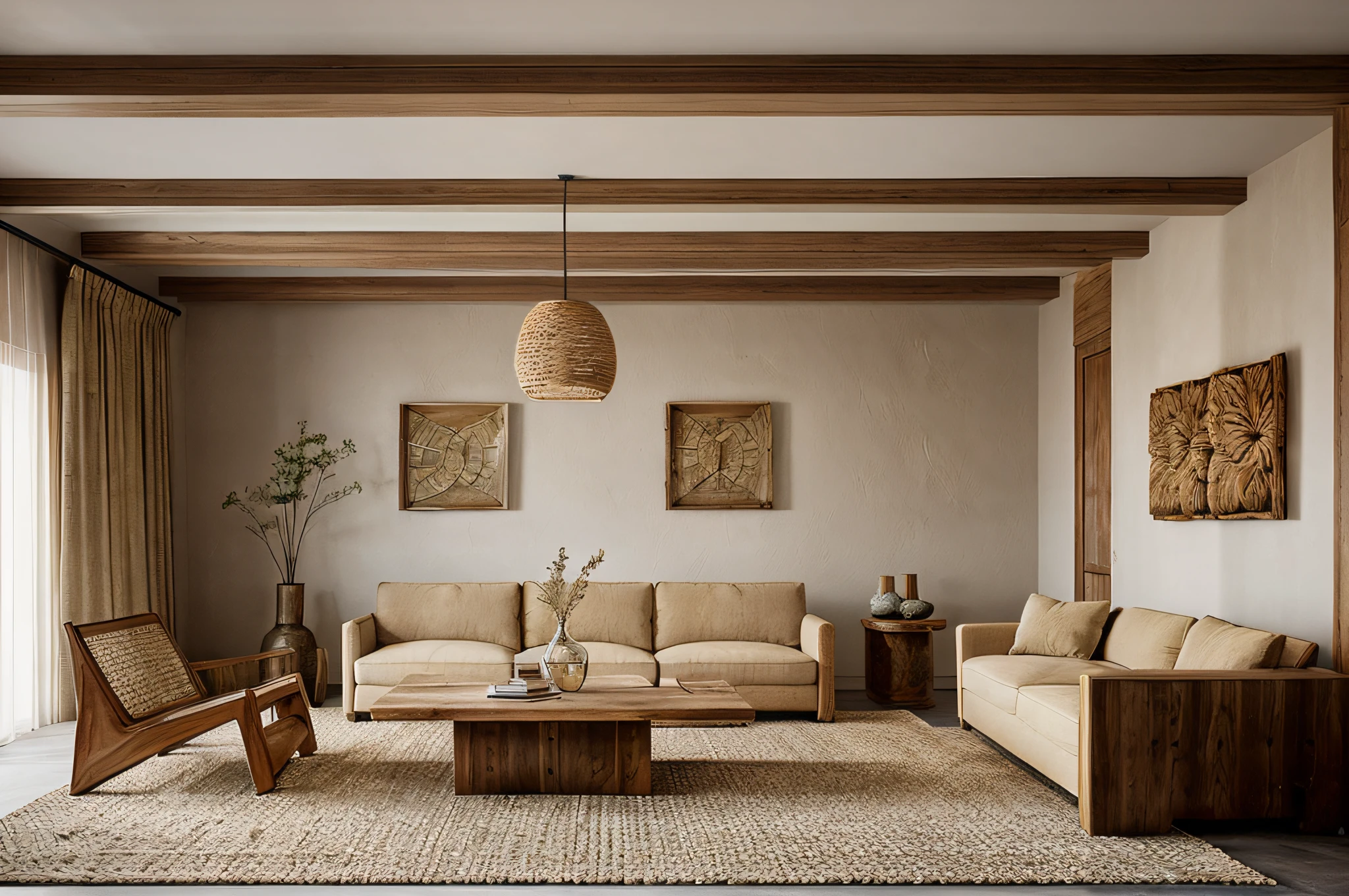 wabi-sabi livingroom interior, wabi-sabi interior style, design tends to be minimalist, (muted tones of beige, gray, brown, and green), calming and natural atmosphere, (earthy color palette), ((rough-hewn wood)), handmade textiles,natural fabrics, sofa, armchair, table, rug, wood floor, drapes,glass window, rough-hewn wood ceiling, rough-hewn wall, television, rough-hewn wood cabinet, flower vase, picture frames, antique furniture and decor items, natural light, softlight,