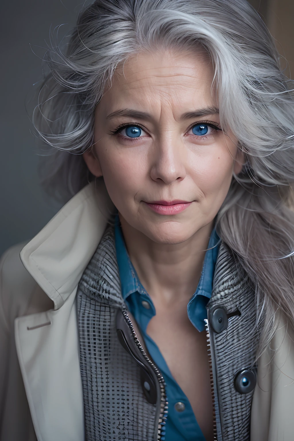 A gray-haired young woman stands in front of the camera and makes eye contact, Without a trench coat and underwear, Six-pack, blue eyess, Bauchfrey , 8K, high resolucion