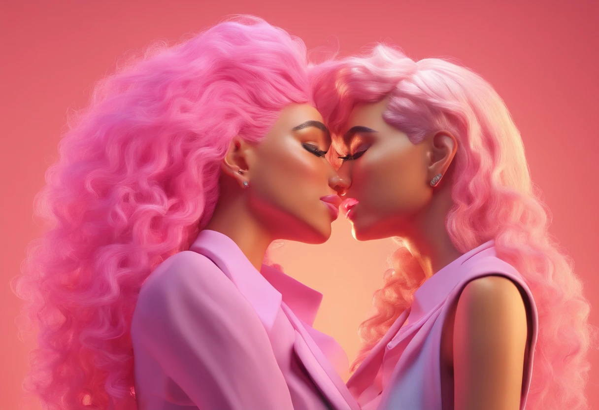 Duas mulheres com cabelo rosa e perucas rosa se beijando - SeaArt AI