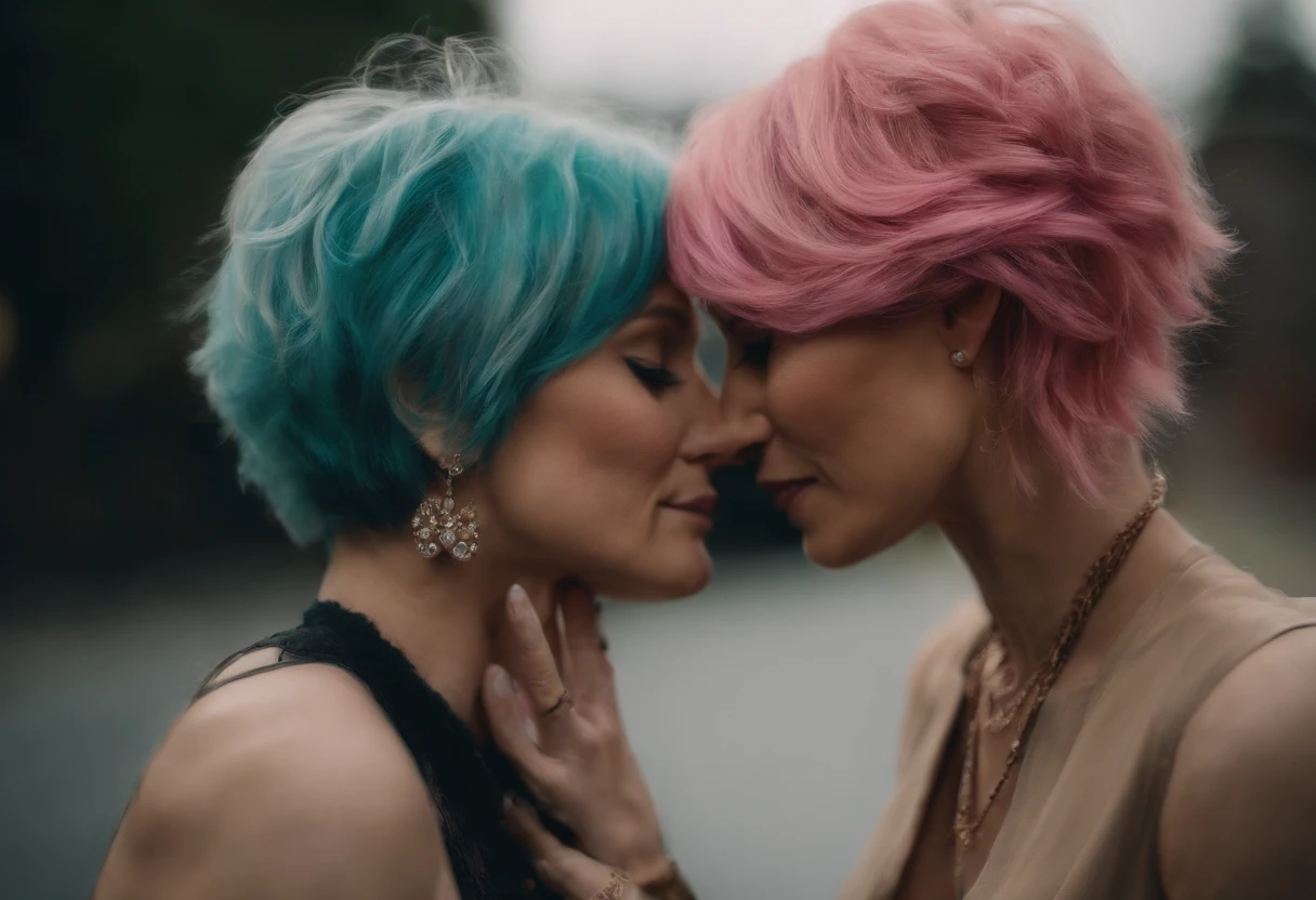 Two women with pink and blue hair are kissing each other - SeaArt AI