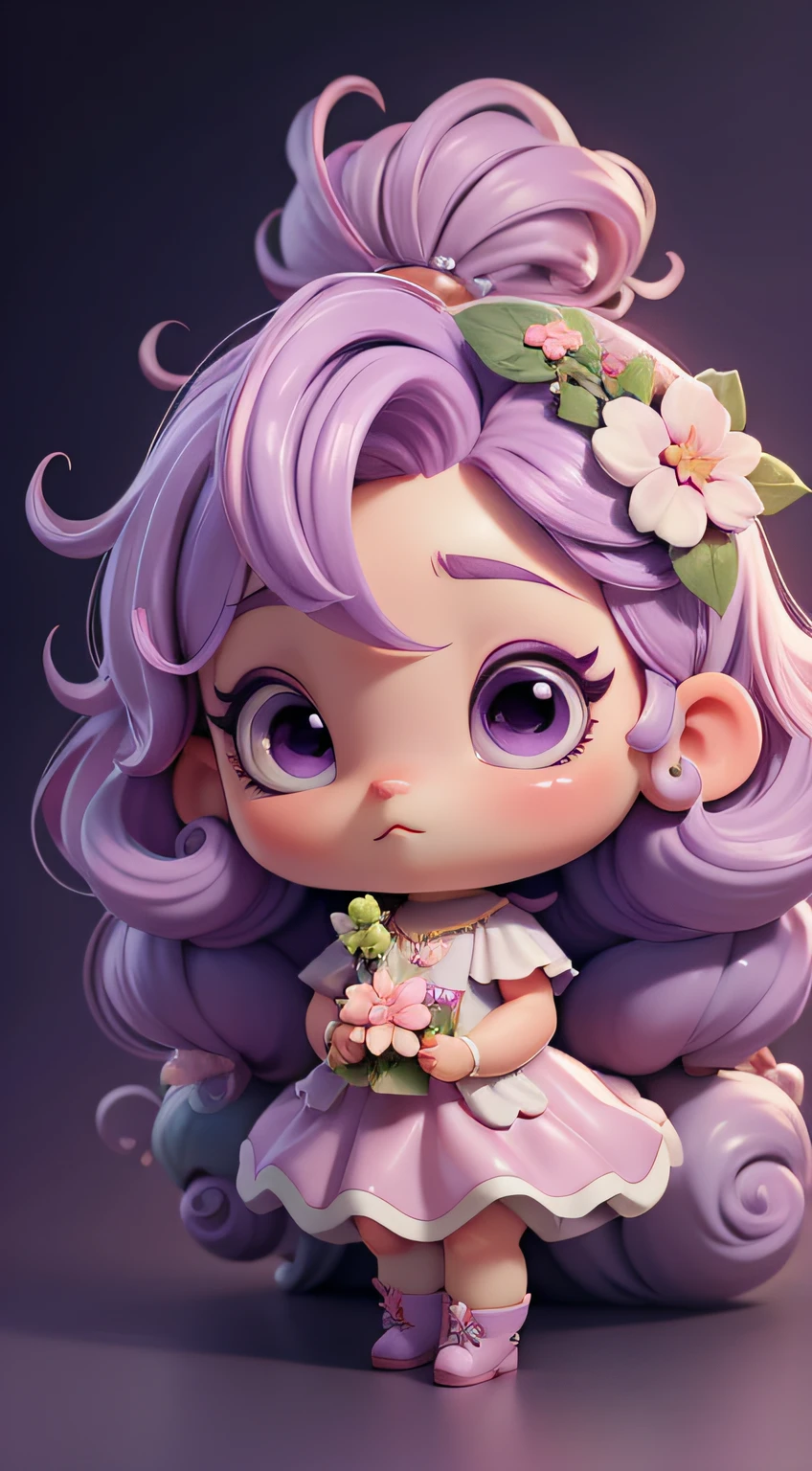 Anime chibi cute baby,Sente-se em uma grande flor rosa cosmos,pale purple hair,Floresta Fairyland