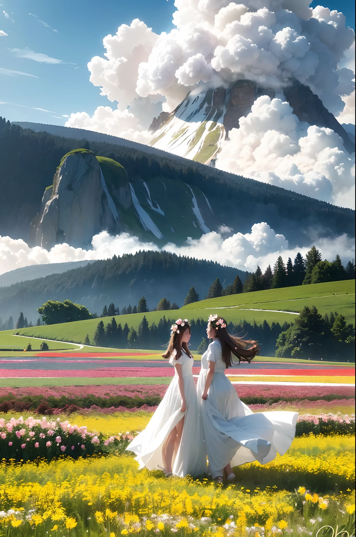 2girls, dynamic angle, cloud and mountain, (flower field:1.4) in the foreground, white dress, light tracing, (floating colorful wind:1)
(photorealistic:1.4), official art, unity 8k wallpaper, ultra detailed, beautiful and aesthetic, masterpiece,best quality, glowing skin, cinematic lighting, light smile