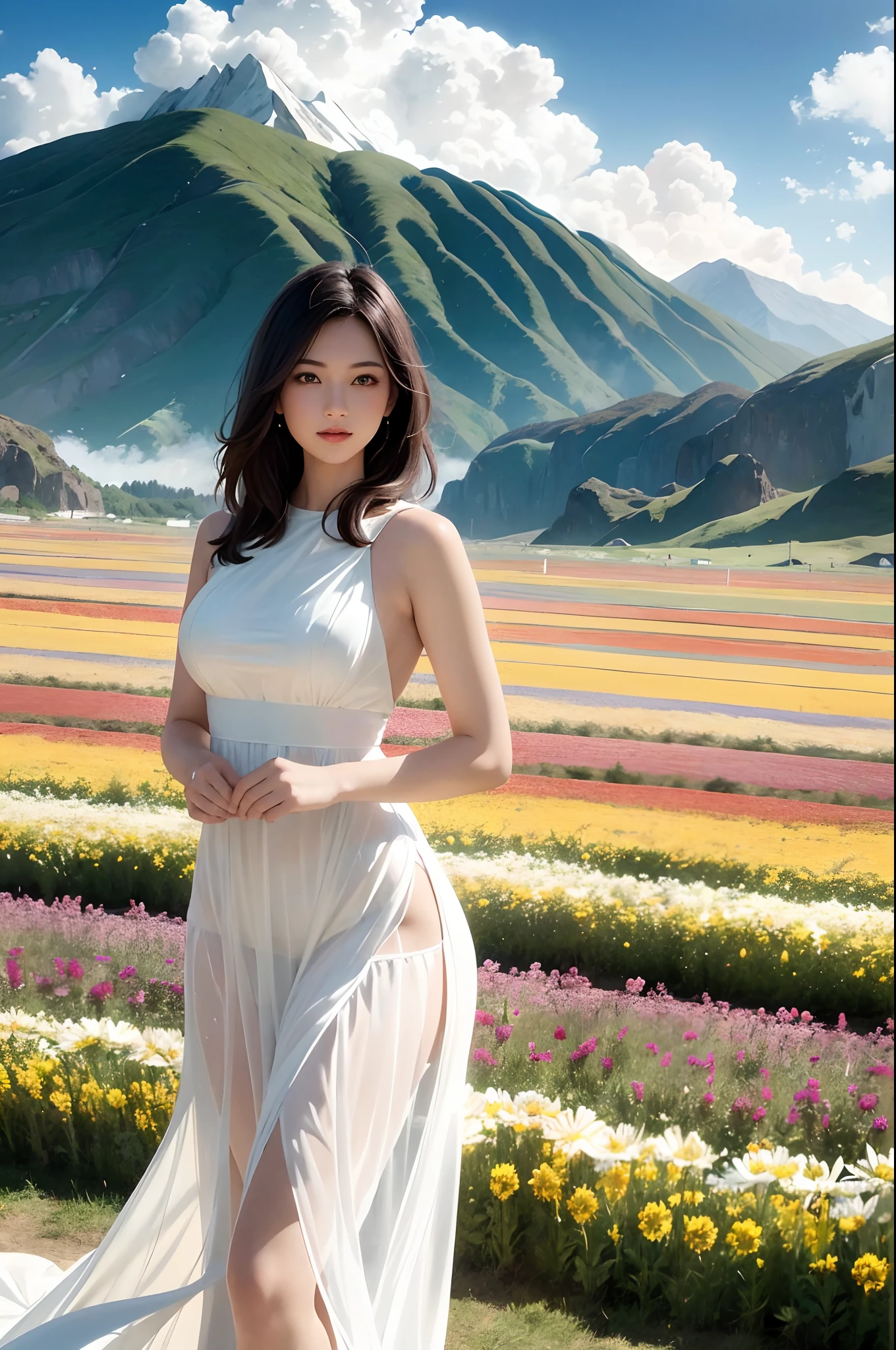 2girls, dynamic angle, cloud and mountain, (flower field:1.4) in the foreground, white dress, light tracing, (floating colorful wind:1)
(photorealistic:1.4), official art, unity 8k wallpaper, ultra detailed, beautiful and aesthetic, masterpiece,best quality, glowing skin, cinematic lighting, light smile
