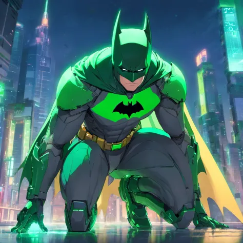 um batman. Verde  Em varias. cores. Realistic in an advanced cybernetic suit