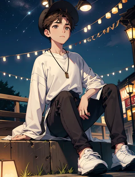 A young boy with，Dressed in casual attire，Wear sneakers，With a necklace，Sit under a street lamp，the night，looking up and countin...