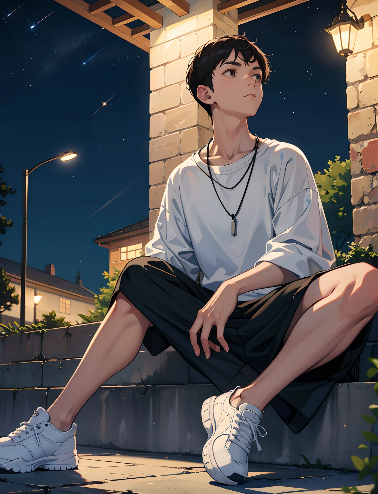 A young boy with，Dressed in casual attire，Wear sneakers，With a necklace，Sit under a street lamp，the night，looking up and counting the stars in the sky，Close-up of people，Ultra-high definition