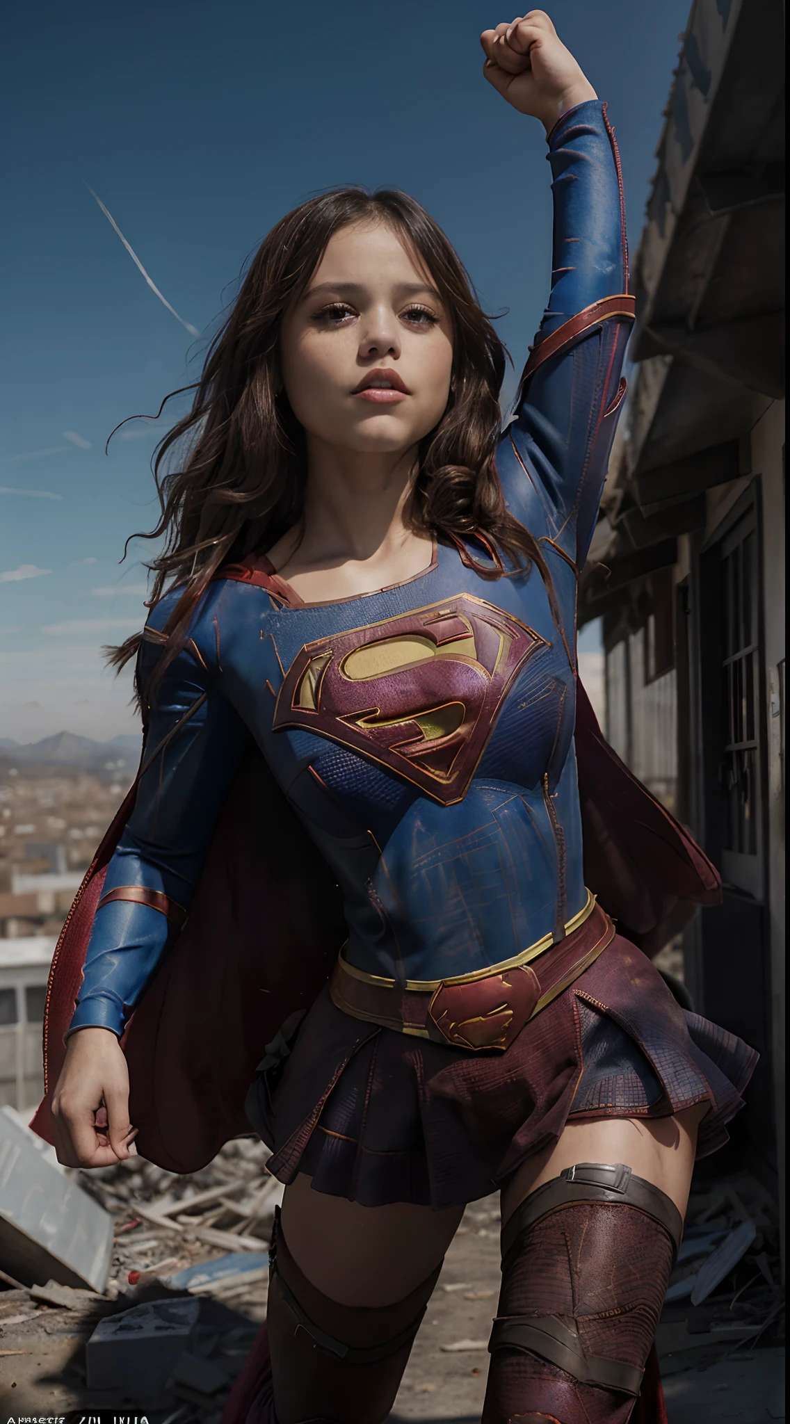 Foto de jenna ortega, (Vestida con el disfraz de Supergirl:1.4), solamente, (ojos azules:1.4), Corte de pelo bob inverso, pechos grandes, cámara frontal, Pasillo exterior abierto con paredes y suelos de piedra, Ambiente acogedor, Cineasta, Sesión de fotos,HD, 8k, 1080P.motor irreal:1.4,HD,La mejor calidad:1.4, fotorrealista:1.4, textura de la piel:1.4, obra maestra:1.8,obra-prima, mejor calidad,（Hermosa y detallada descripción del ojo.）,(superchica:.14),(Ciudad apocalíptica destruida:1.4),(manos:1.4),(8k,1080P,textura realista de la piel,realista,Obra maestra, La mejor calidad,alta resolución,HDR:1.5),(manos:1.4)