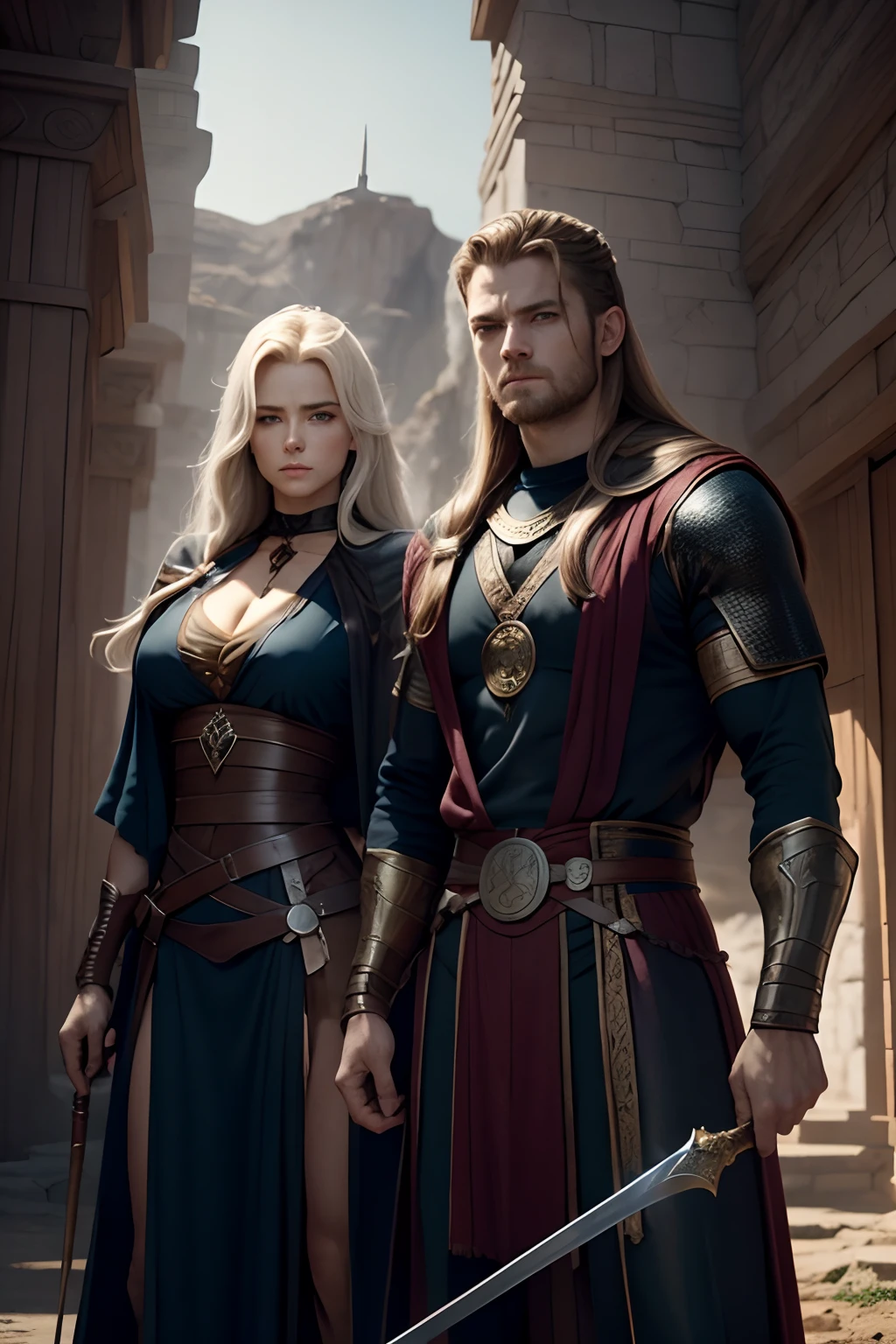 兩個北歐戰士( um 男人 e uma mulher) 男人; 在我們二十幾歲的時候, 白髮和藍眼睛, 左手拿著藍色匕首.