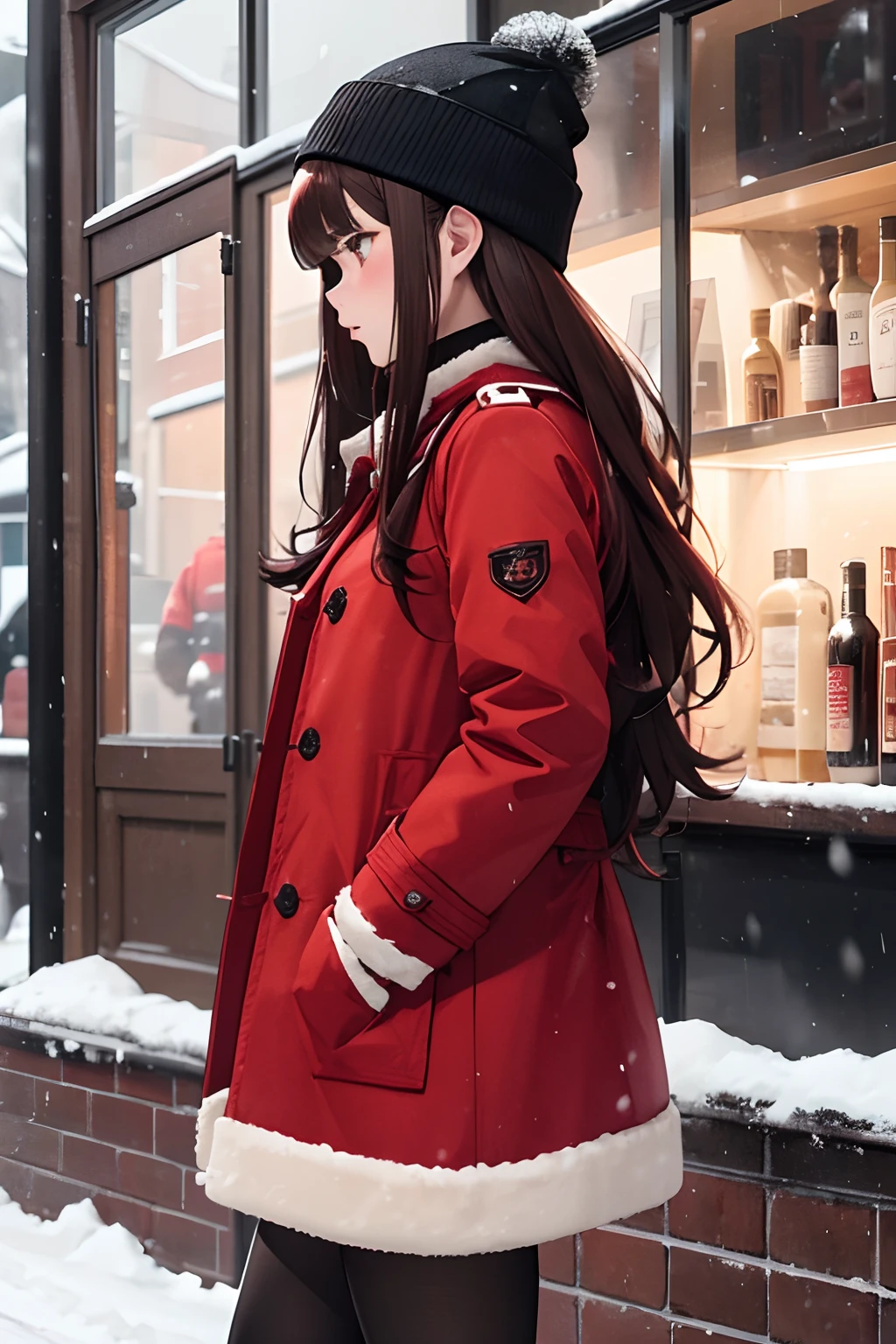 woman in a red toggle coat side view, long wavy brown hair, straight cut bangs, blush, red winter hat, black pantyhose, black loafers, wide shot, pitch black and snowing, tall