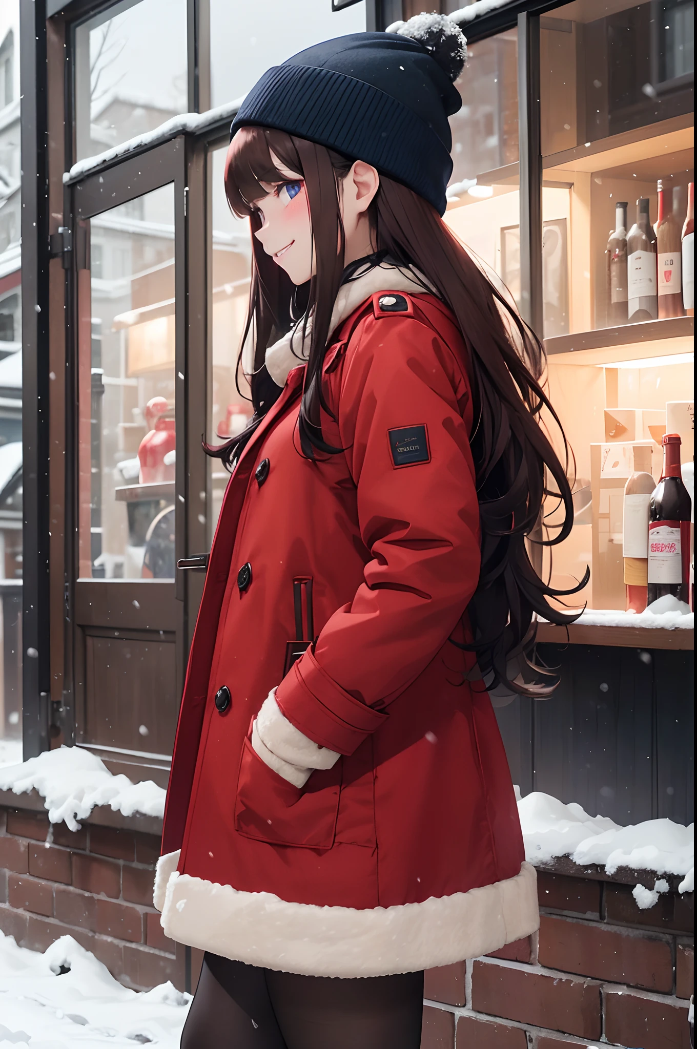 woman in a red toggle coat side view, long wavy brown hair, straight cut bangs, blush, red winter hat, black pantyhose, black loafers, wide shot, pitch black and snowing, tall, ((head turned slightly to look at viewer, with a smile), ((pretty dark blue eyes)