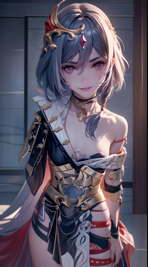 (Masterpiece,best quality,highres,complex details),1 girl,senti,flat chest,grey hair,hair ornament,red gem,senti,armor,dress,exp...