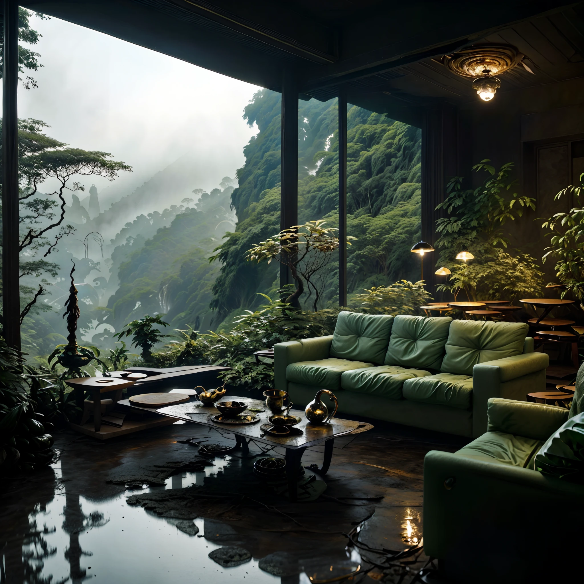 Living room with a view of a mountain and a forest, mountainous jungle setting, jungle setting, Like a scene from Blade Runner, magical ambiance, pintura escura ultrarrealista, in a jungle environment, pleasant environment, cloud forest, beautiful jungle, moody environment, Inside an alien jungle, lush jungle, plants and jungle, relaxing environment, rainforest mountains