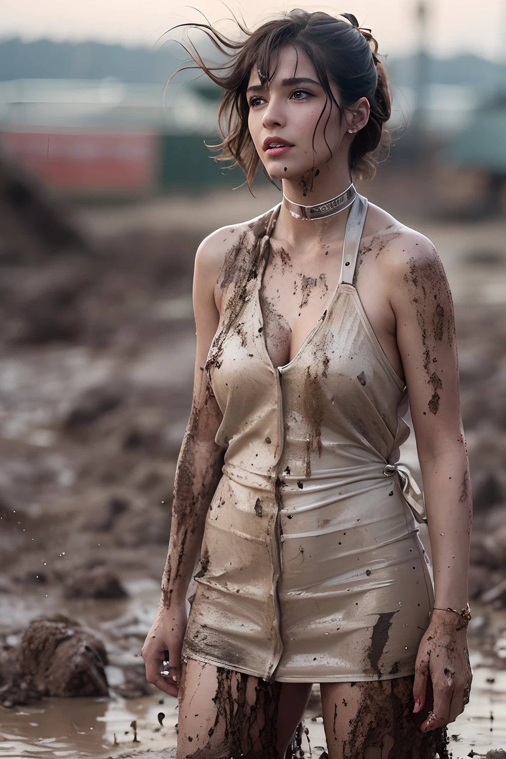 Araffe femme dans une robe couverte de boue debout dans un champ boueux -  SeaArt AI