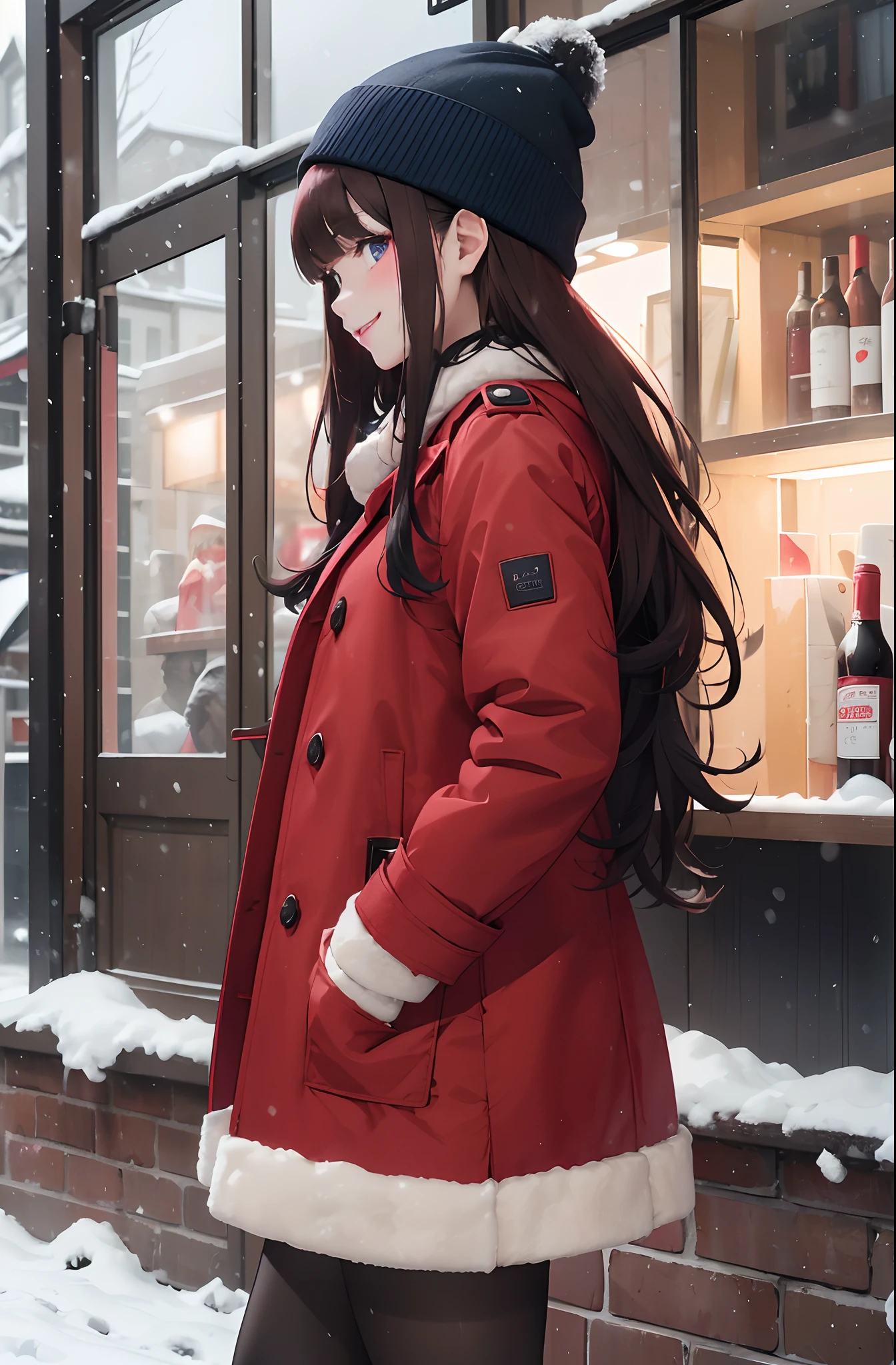 woman in a red toggle coat side view, long wavy brown hair, straight cut bangs, blush, red winter hat, black pantyhose, black loafers, wide shot, pitch black and snowing, tall, ((head turned slightly to look at viewer, with a smile), ((pretty dark blue eyes), slight pink lip gloss