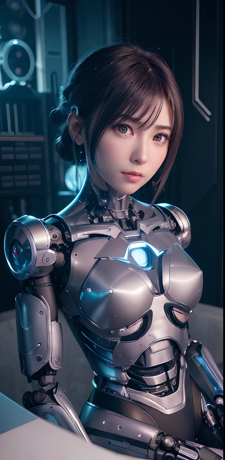 top-quality、​masterpiece、超A high resolution、(Photorealsitic:1.4)、((a beauty girl:1.6)), 1 full-body cyborg girl、sixteen years old、NOhumans、((The skin part is only the face)), Luminous Eyes、Glowing background with futuristic spaceship、((Lots of split metal chest protectors)), Metal Robot、((The whole body is the body of a combat robot))、((Body parts are robot parts:1.8))、((The internal mechanisms of the chest are exposed)), ((Mechanical chest armor with LED indicators and meters)), Robot arms and legs、((Exposed metal skeleton of the abdomen))、Metal skeleton of the cervical region、Under repair、destroyed body、Metal Mechanical Bra、Full Body Metal Skin、Metal bodysuit、Metal scales covering the whole body、body made of metal、Whole body metal、a beauty girl、prosthetic hand、artificial leg、Full body cyborg、Exposed metal skeleton、Asian Beauty、cyberpunked、steampunc、Inside the futuristic space battleship、laboratory、Complex 3d rendering beautiful porcelain profile ultra detailed female type android face、dark brown  hair、glowy skin、((super realistic details))、portlate、globalillumination、Shadow、octan render、metals、Details of complex ornaments、Japan details、highly intricate detail、Realistic light、CGSoation Trends、a purple eye、radiant eyes、Facing the camera、neon details、Mechanical limbs、blood vessels connected to tubes、Mechanical vertebrae attached to the back、mechanical cervical attaching to neck、sitting on、Wires and cables connecting to the head、Gundam、Small LED lamp、​masterpiece、 Metal Robot、body made of metal、Whole body metal、prosthetic hand、artificial leg、Full body cyborg、Exposed metal skeleton、Asian Beauty、cyberpunked、steampunc、Futuristic cities、laboratory、Complex 3d rendering beautiful porcelain profile super detailed female android face、cyborgs、roboticparts、150mm、beautiful studio soft light、Rim Lights、vibrant detail、luxuriouscyberpunk、Ren Hao、surrealistic、Anatomical、face muscles、cable electric wires、microchips、elegent、beatiful backgrounds、octan render、HR Giger Style、8K、top-quali