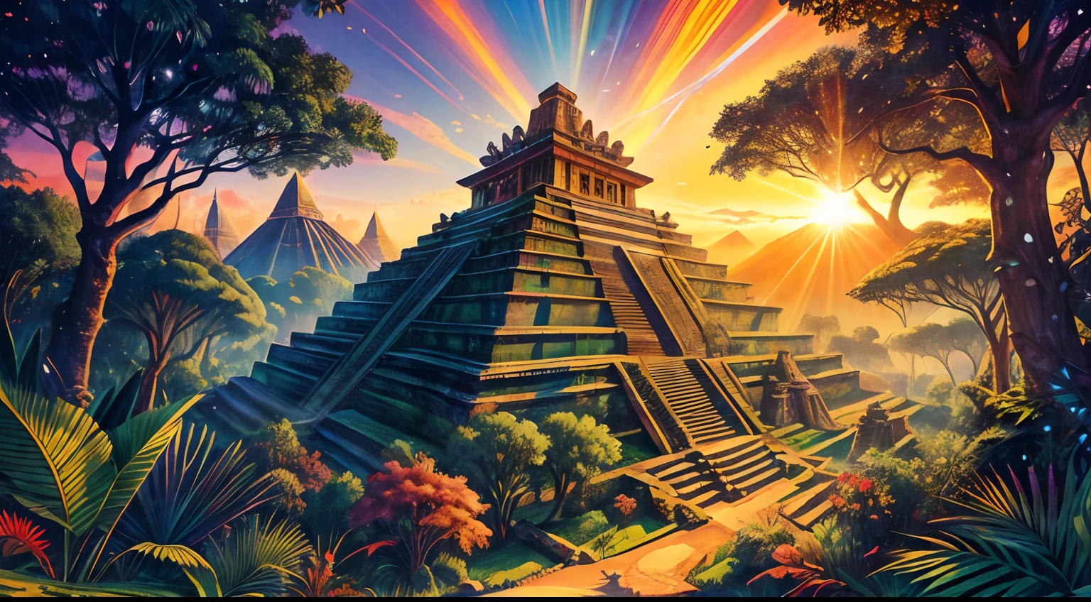 Imagine a breathtaking painting that transports you to the heart of the Aztec empire. Picture a dense, vibrant forest teeming with rich vegetation and exotic wildlife. Amidst this lush landscape, rise the stunning, colorful Aztec pyramids, accentuated by the dappled sunlight filtering through the leaves. The sun, with its rays piercing the canopy, adds an almost mystical quality to the scene. Describe the harmony between the natural world and the architectural wonders, emphasizing the vivid colors and the interplay of light and shadow in this magnificent setting.