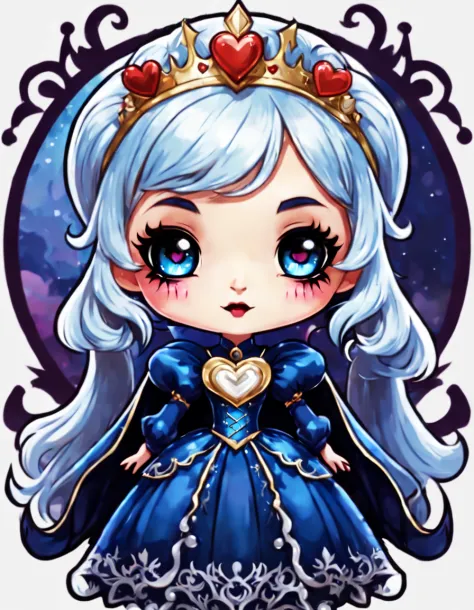 (kawaii sticker), full shot a (cute vampire queen), noble blue dress, shiny amulet, (heart-shaped hands:1.2), normal eyes, white hair, looking at the viewer, stickers