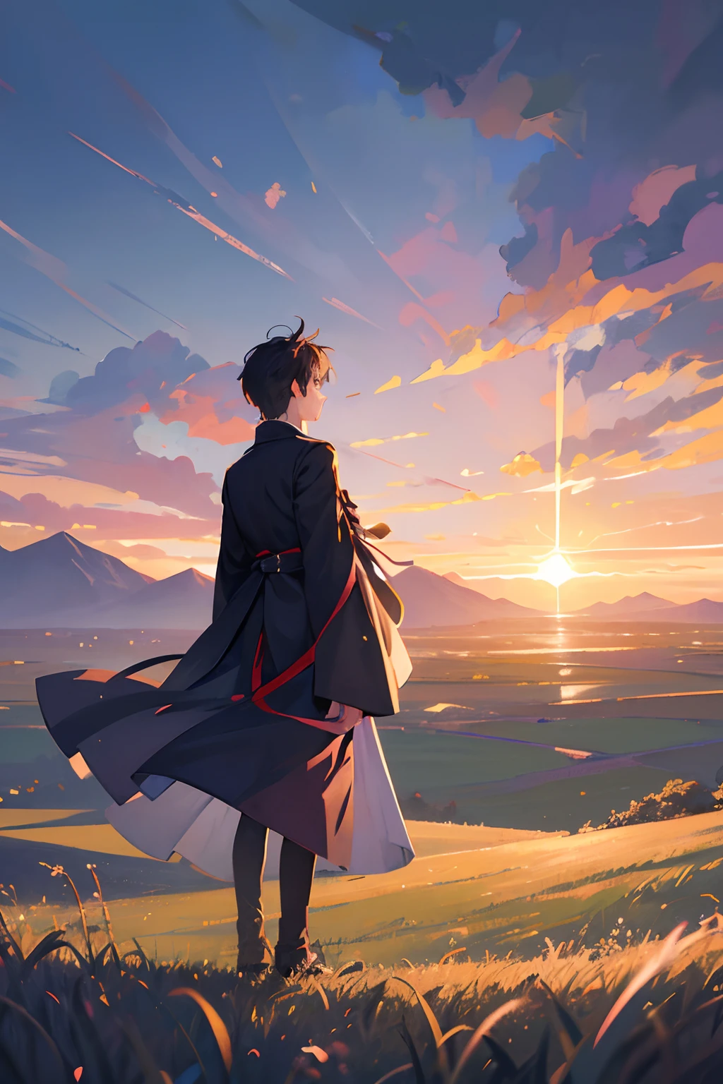 Create an enchanting illustration depicting a vast grassy plain with two diverging paths leading into the oncoming twilight. In the foreground stands the back of a young man at the crossroads, his figure imbued with a sense of nostalgia and fantasy. The warm hues of the setting sun paint the sky, enhancing the atmosphere of the scene and evoking a feeling of tranquility