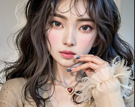 Un primer plano de una mujer con cabello largo y un collar, ulzzang, maquillaje coreano popular, con cabello largo y ojos penetr...