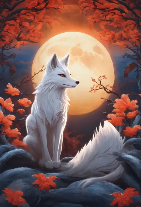 Full-HD, Mythical spirit beasts，Silver fox，Giant nine-tailed fox，Moon and rice in the background
