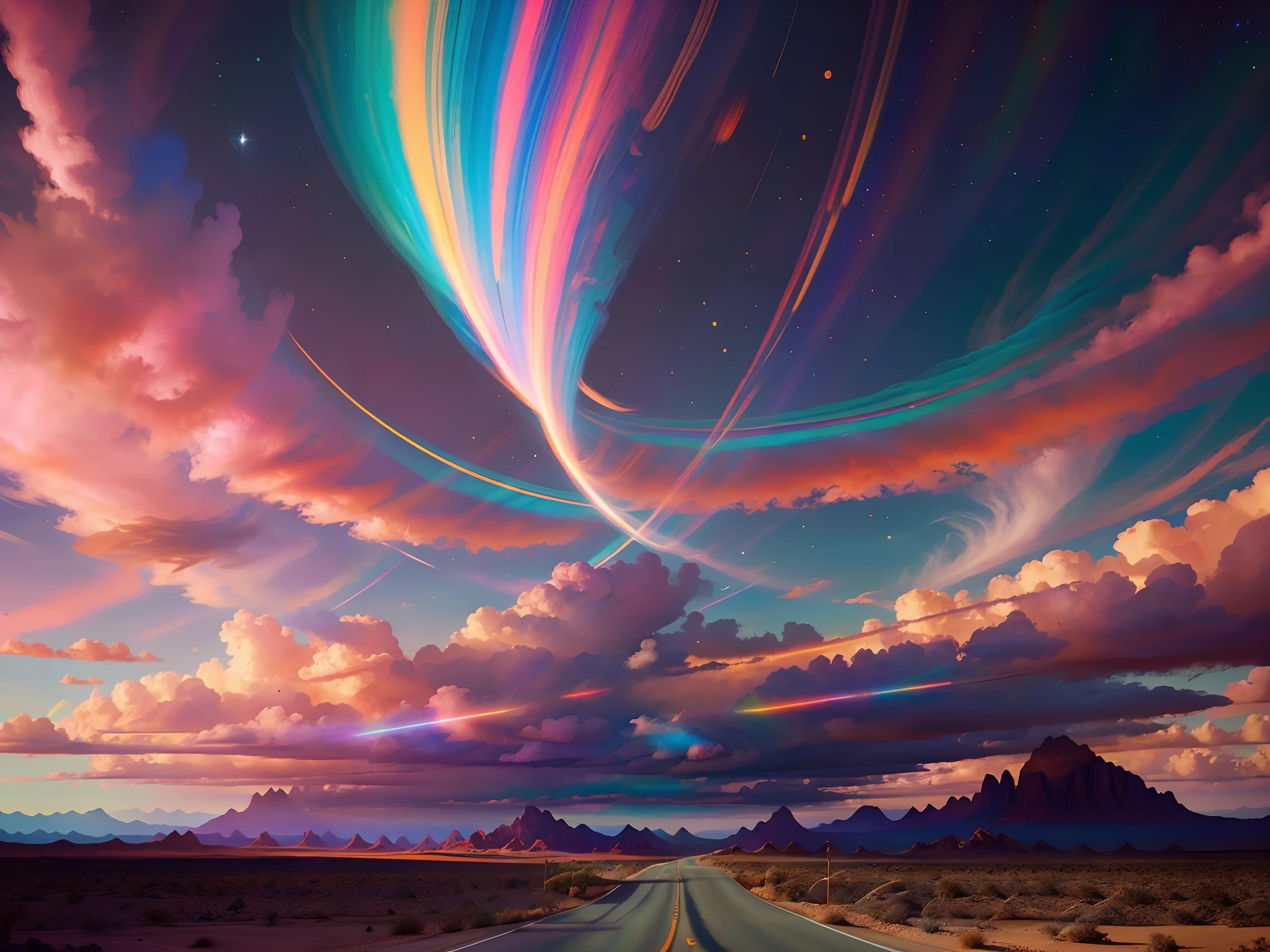 Des lignes de lumière colorées vives strient une route dans un désert, nuages magiques tourbillonnants colorés, 8k hd fond d&#39;écran art numérique, coloré plat surréaliste éthéré, bel art uhd 4k, peinture numérique vibrante, couleurs et ambiance magiques, oeuvre numérique 4 k, autoroute des couleurs, Art numérique 4K très détaillé, peinture numérique colorée, Art numérique 4K