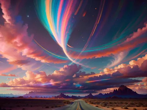brightly colored lines of light streak across a road in a desert, colorful swirly magical clouds, 8k hd wallpaper digital art, c...