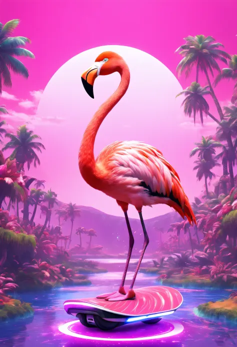 traditional media, color lead, flamingo, on a hoverboard, pink purple sonic video game background,