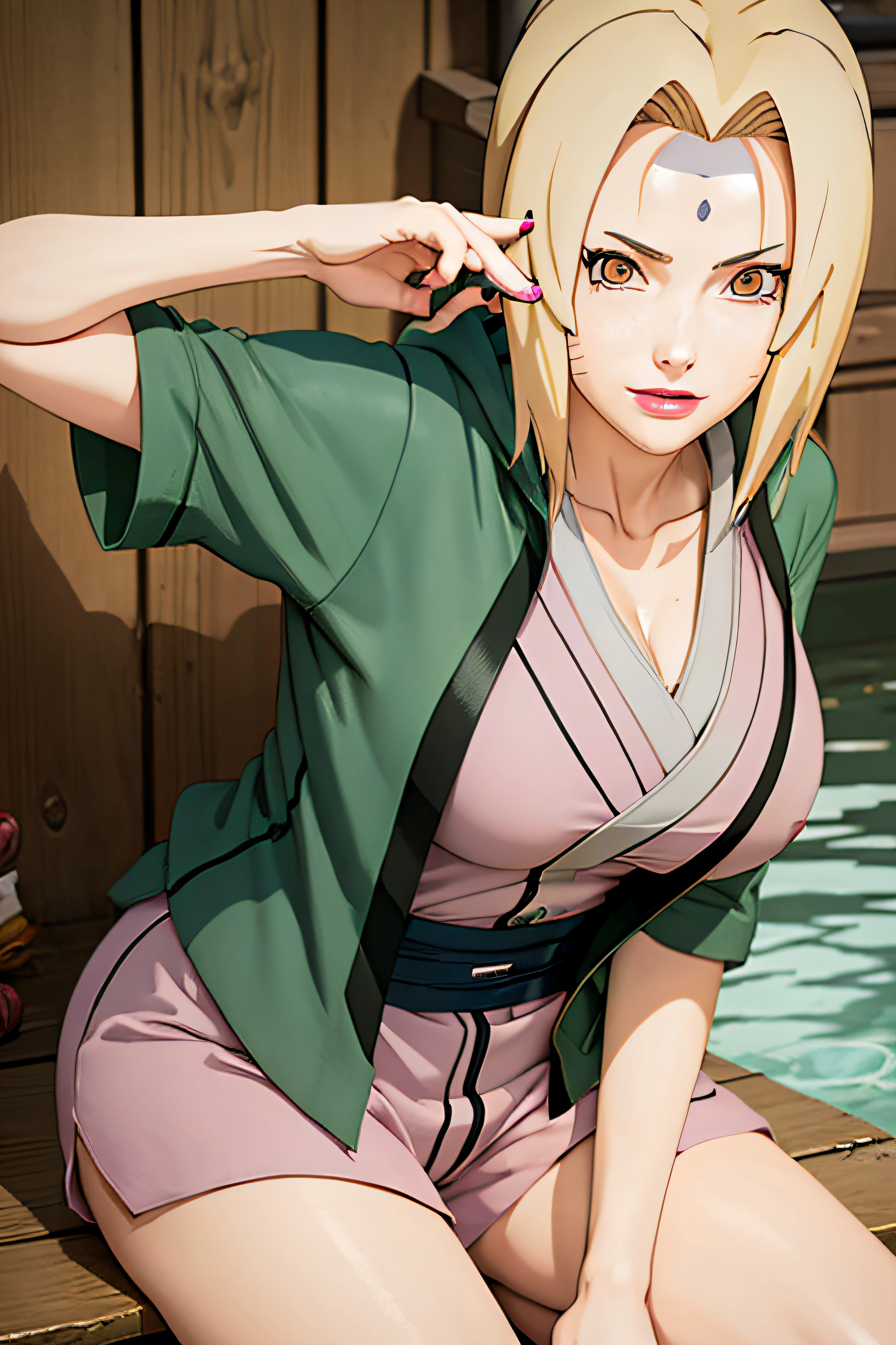 (obra maestra: 1,6), tsunade ( naruto) , sonrisa , agua , sudadera con capucha verde , cabello yallow , pechos grandes , camisa , Pantalones cortos , joven , Labios rosados, chica anime ,