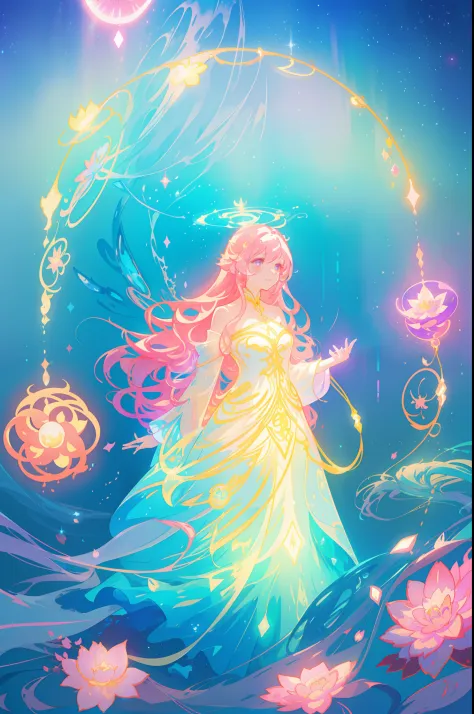 beautiful anime girl in flowing layered ballgown, vibrant pastel colors, (colorful), magical lights, magical flowers, flowers, glowing lights, red pink long wavy hair, sparkling lines of light, inspired by Glen Keane, inspired by Lois van Baarle, disney ar...