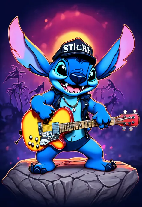 Disney animation style Disney (Stitch:1.3) as lemmy from motörhead, playing guitar on a rock concert, Motörhead_cover, record cover, ,,. Bright colors, fluid motion, charming characters, wholesome storytelling, hand-drawn animation