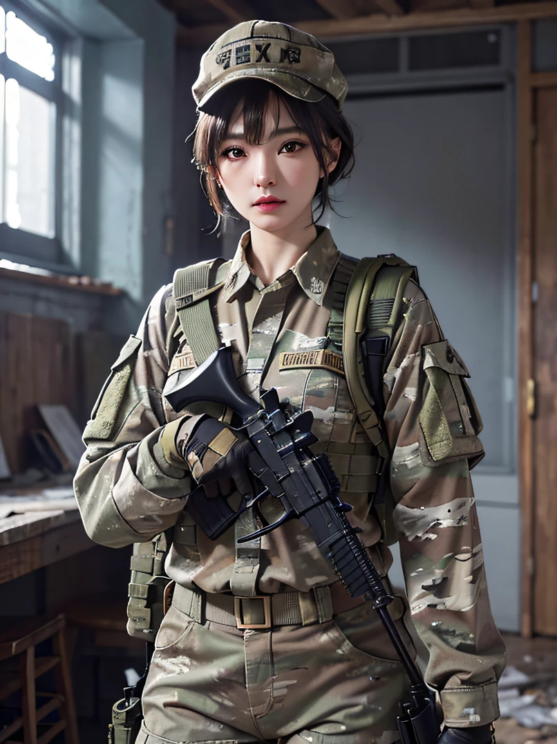 （​masterpiece、ultra fine photos、top-quality、超A high resolution、Photorealsitic、bustshot）、Beautiful Female Soldier、delicated face、Cropped Shorthair、Camouflage Cap、Combat equipment、Army long sleeve camouflage uniform over black undershirt、Camouflage pants、Combat gloves、Holding the rifle with both hands、rucksack、Detailed and complex busy background、High Detail Skin、realistic skin detail、foco nítido、fair white skin、A room in an abandoned building、White smoke、Detailed face and chest depiction、Detailed hand depiction、combat pose、Dynamic action、watching at viewers