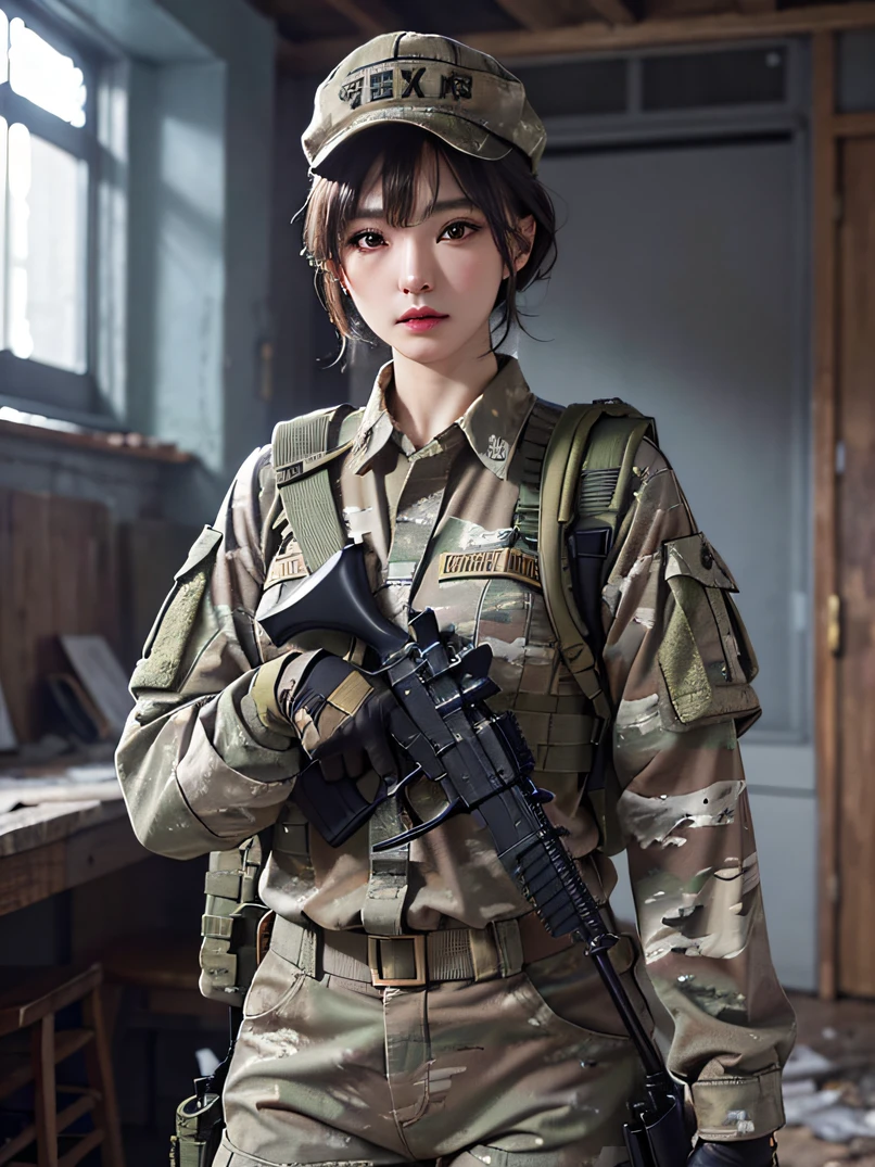 （​obra maestra、ultra fine photos、de primera calidad、超Una alta resolución、Fotorrealista、tiro al busto）、hermosa mujer soldado、cara delicada、Pelo corto recortado、Gorra de camuflaje、Equipo de combate、Uniforme militar de camuflaje de manga larga sobre camiseta interior negra、pantalones de camuflaje、guantes de combate、Sosteniendo el rifle con ambas manos、mochila、Fondo ocupado detallado y complejo、piel con alto detalle、detalle de piel realista、enfoque nítido、piel blanca y clara、Una habitación en un edificio abandonado.、humo blanco、Representación detallada de la cara y el pecho.、Representación detallada de la mano.、Postura de combate、Acción dinámica、mirando a los espectadores