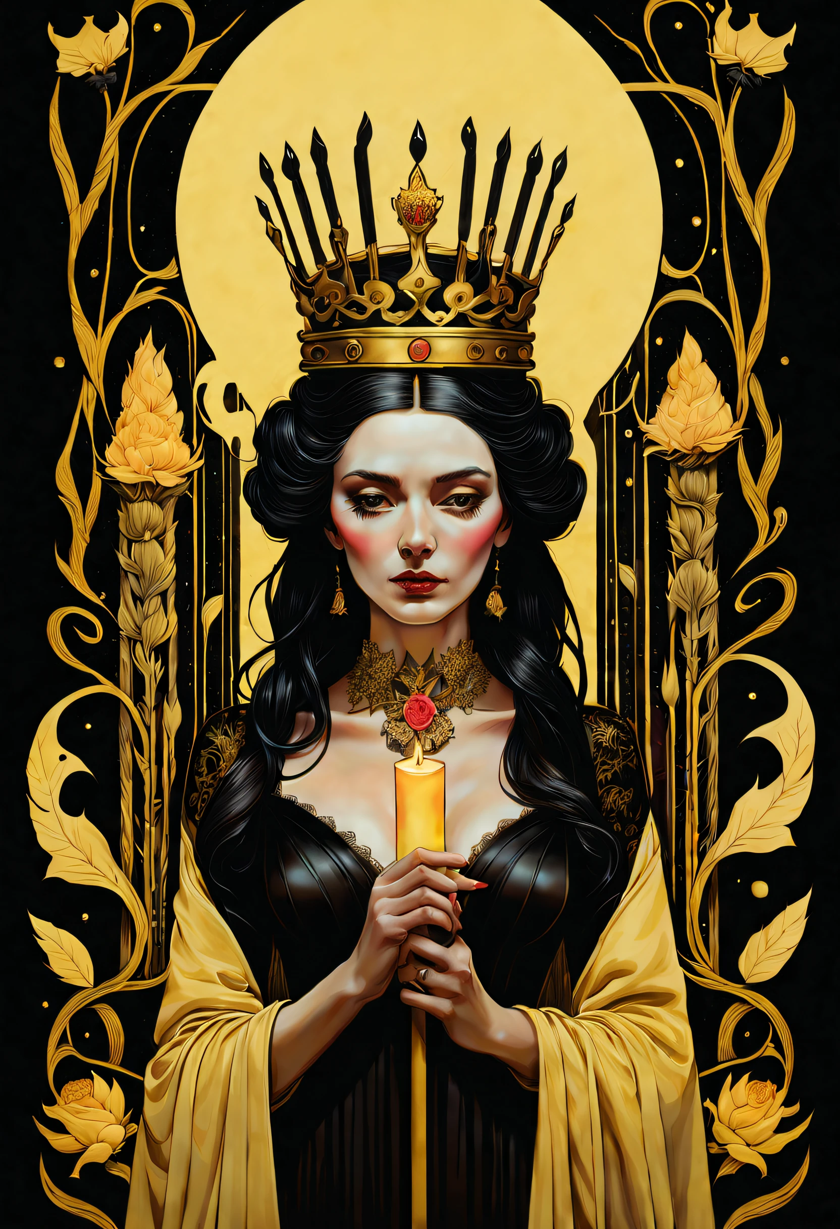 cartes de tarot, technique du clair-obscur sur l&#39;illustration sensuelle d&#39;une reine des baguettes, reine vintage, sinistre, Peinture mate, par Hannah Dale, par Harumi Hironaka, couleurs extrêmement douces, une touche de pastel jaune, très détaillé, oeuvre numérique, Contraste élevé, Spectaculaire, raffiné, tonal, la plus haute qualité，anatomie correcte，ultra grand angle，profondeur de champs