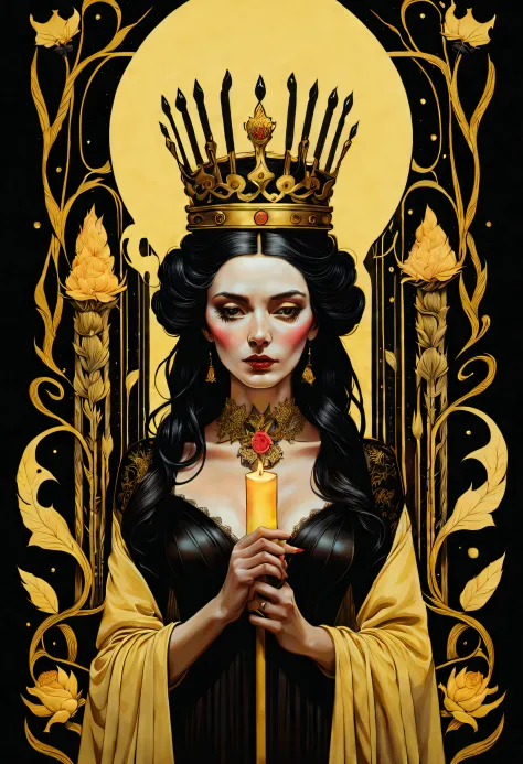 tarot cards, chiaroscuro technique on sensual illustration of an queen of wands, vintage queen, eerie, matte painting, by Hannah...