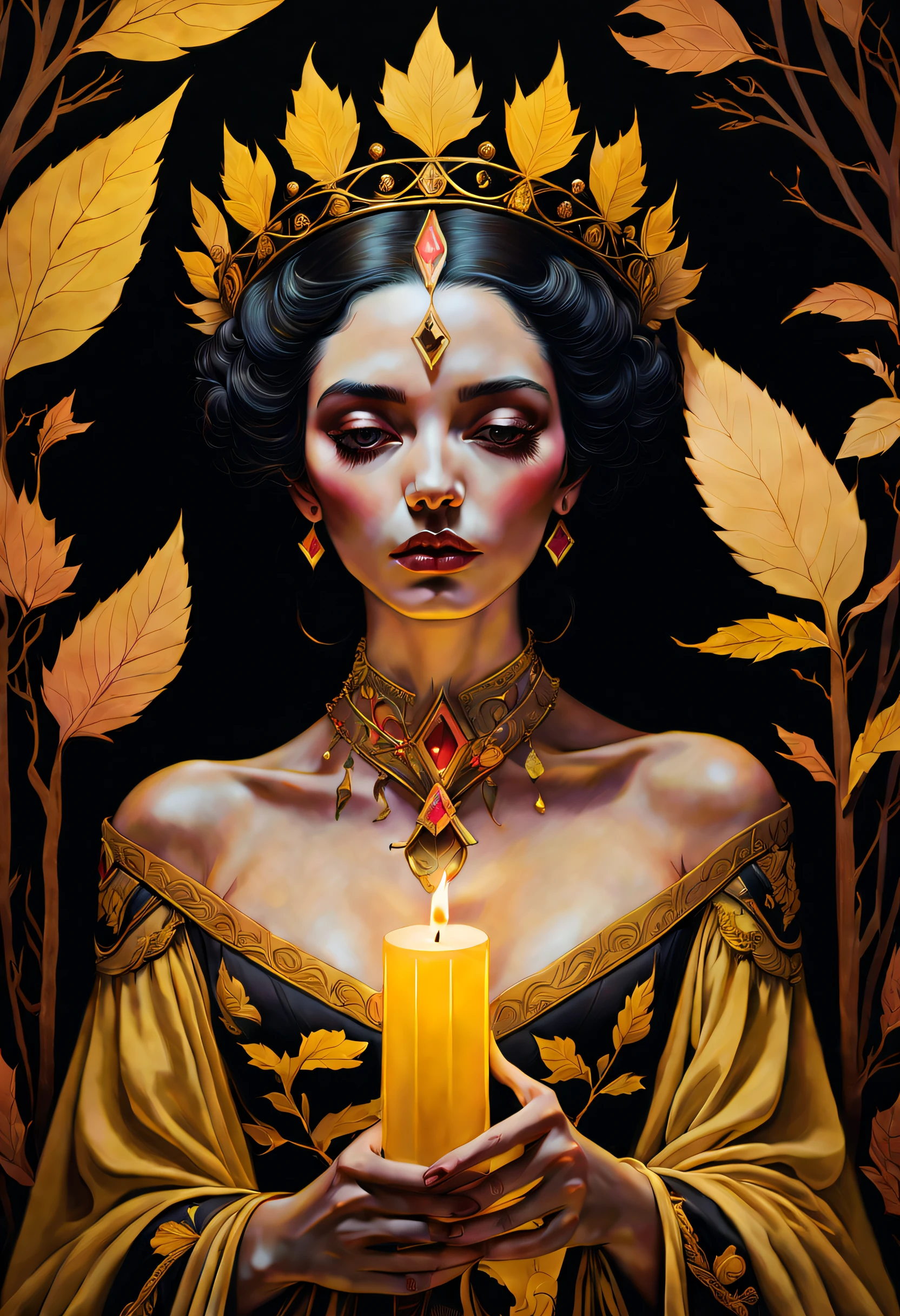 cartes de tarot, technique du clair-obscur sur l&#39;illustration sensuelle d&#39;une reine des baguettes, reine vintage, sinistre, Peinture mate, par Hannah Dale, par Harumi Hironaka, couleurs extrêmement douces, une touche de pastel jaune, vibrant, très détaillé, oeuvre numérique, Contraste élevé, Spectaculaire, raffiné, tonal, la plus haute qualité，anatomie correcte，ultra grand angle，profondeur de champs, énergie d&#39;automne