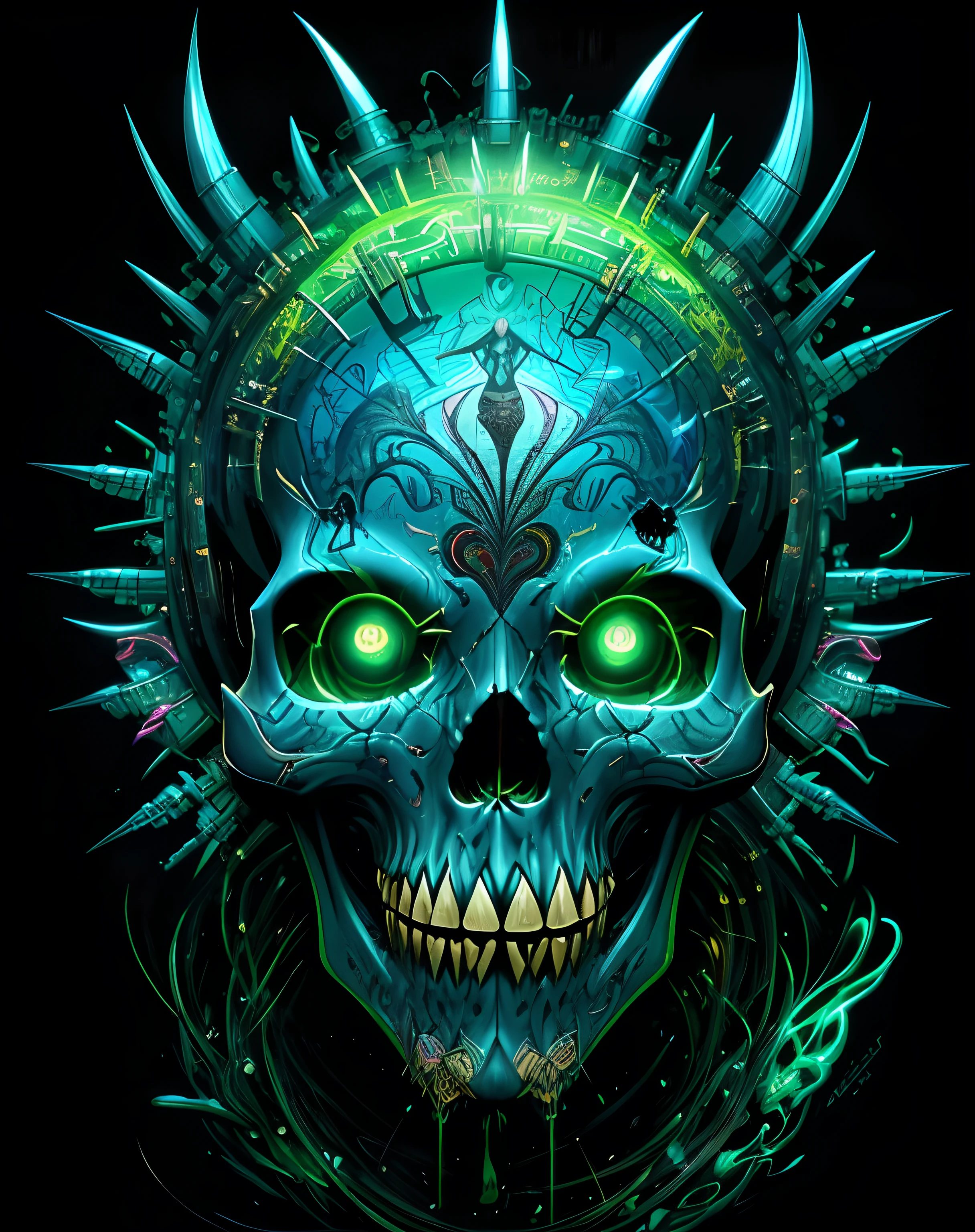 A blue skull with spikes and green eyes on a black background - SeaArt AI