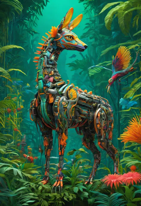 Future genetic engineering will incorporate living organisms into its work of art, Covered by fauna, flora. Alebrije, Masterpiece, hyper HD, Axonometric view, jungles. Cyberpunk