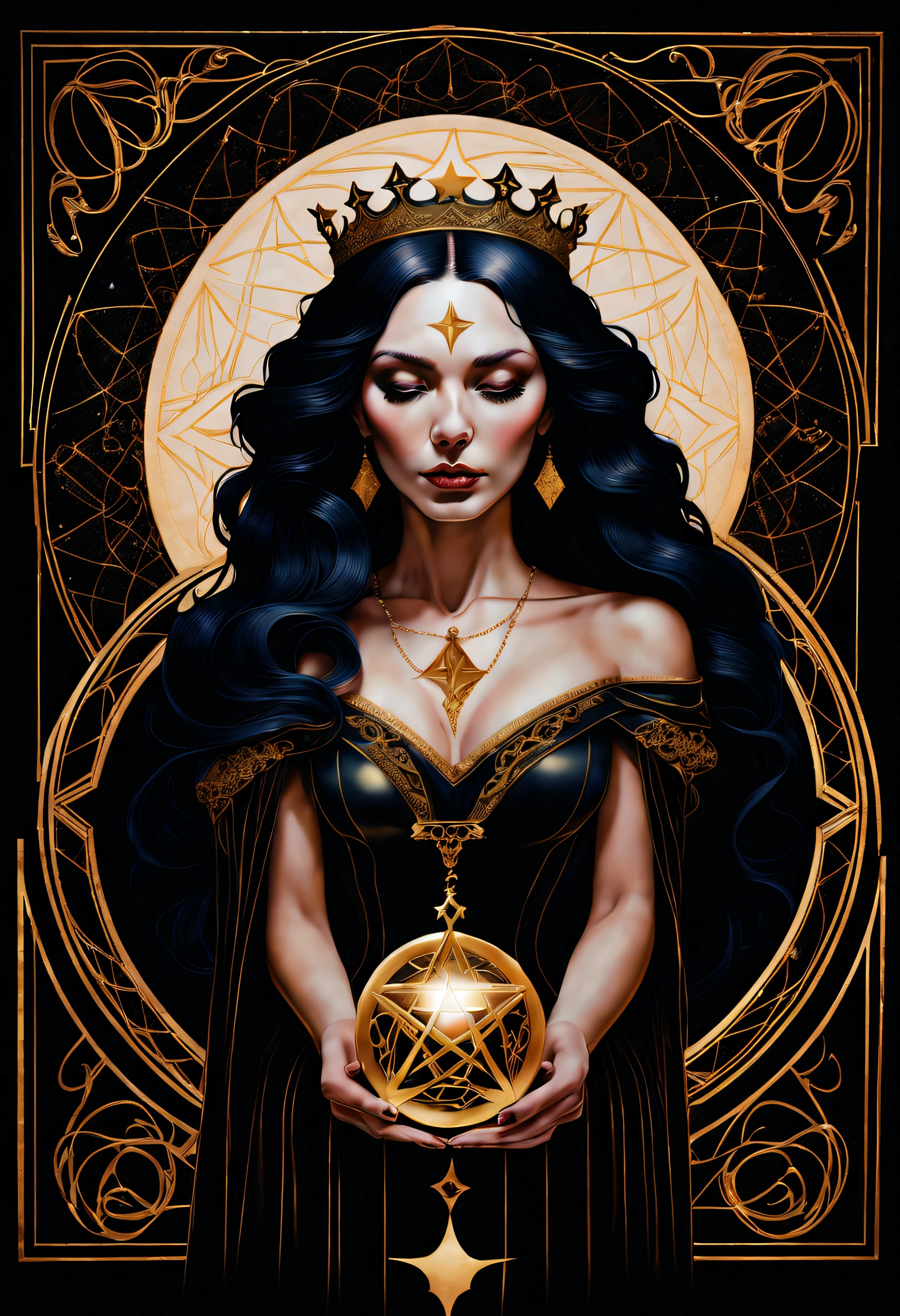 tarot card, chiaroscuro technique on sensual illustration of an queen of pentacle, vintage queen, eerie, matte painting, by Hannah Dale, by Harumi Hironaka, extremely soft colors, hint of gold vibrant, highly detailed, digital artwork, high contrast, dramatic, refined, tonal, highest quality，anatomy correct，ultra-wide-angle，depth of fields