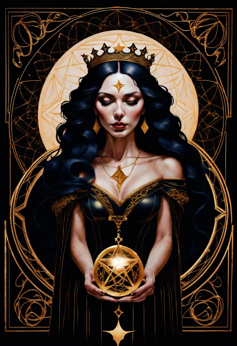 tarot card, chiaroscuro technique on sensual illustration of an queen of pentacle, vintage queen, eerie, matte painting, by Hann...