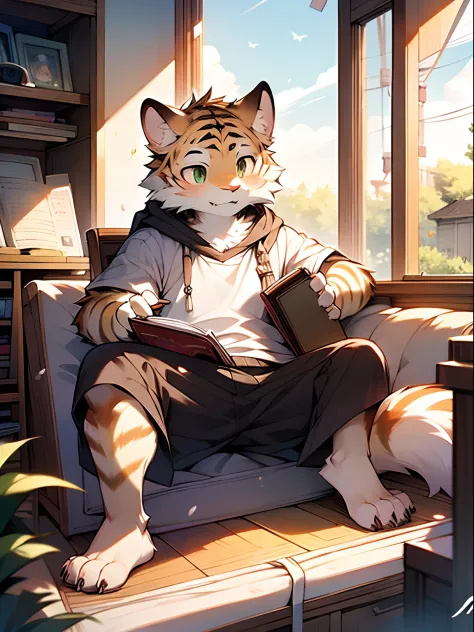 Masterpiece, Best quality, Perfect anatomy, author：K0bit0wani, author：Milk Tiger 1145, (author：Dekkers:0.3), Furry, coyote, Solo, Male, baggy clothes, Open clothes, Eau, Abs, medium bulge, holding book, Detailed background, music sheets, Leaning back, Butt...