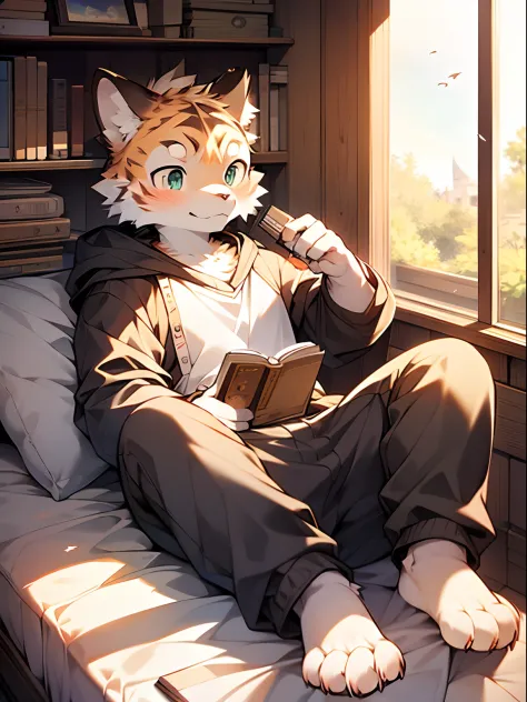 Masterpiece, Best quality, Perfect anatomy, author：K0bit0wani, author：Milk Tiger 1145, (author：Dekkers:0.3), Furry, coyote, Solo, Male, baggy clothes, Open clothes, Eau, Abs, medium bulge, holding book, Detailed background, music sheets, Leaning back, Butt...