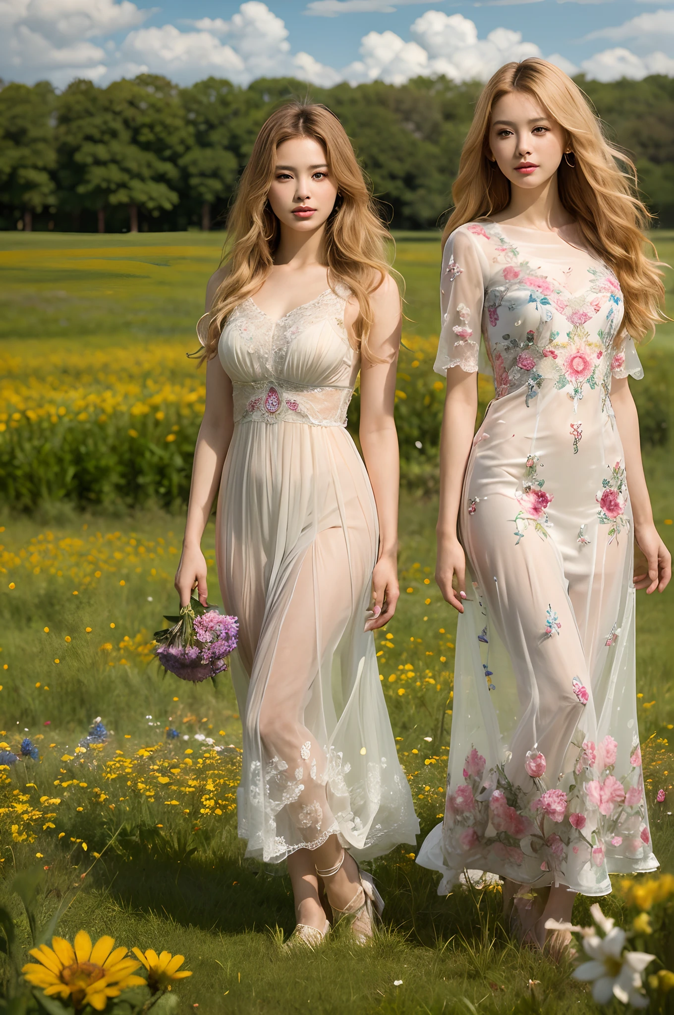 ray tracing,raw photograph,The proportions are the same for all races, All faces and pictures must be different,((Close-up portrait of two young people_Woman in transparent dress))Silk lace,leering:1.3,caressing the:1.3,Embroidery pattern,Belorusin,long wavy blond hair, standing on a flower field, Large cornflower in the foreground (Bokeh:1.2)), Masterpiece, award winning photography, lighting, Perfectcomposition, High detail, Ultra photo realsisim,Dramatic lighting, Epic,(Dynamic pose:1.2),(Dynamic camera),photo RAW,