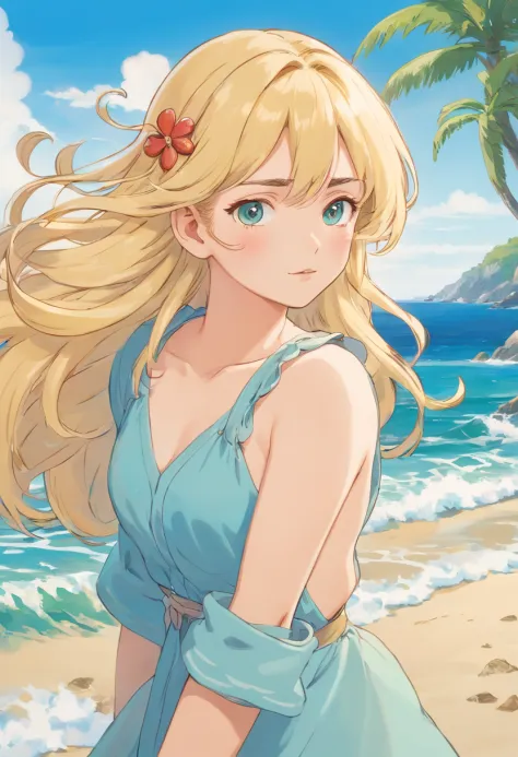 a blonde girl, Long wavy hair,Glamorous figure、On the sandy beach by the sea, colorful animation stills, Masami Teraoka, aquamarine, paul gauguin, Embry style, Honest portrayal