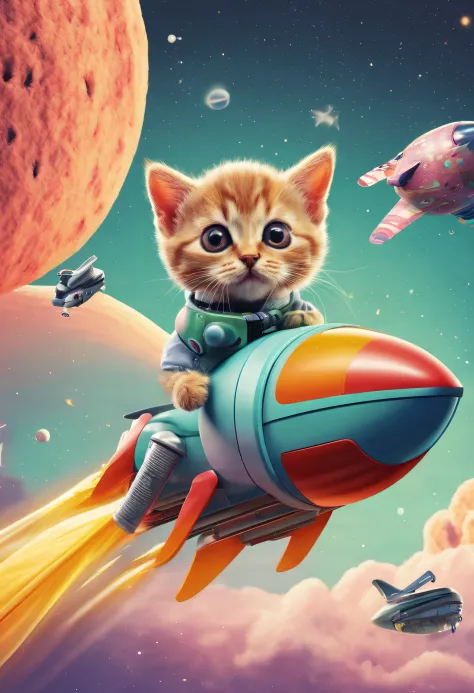 Sponge alien, Front page of the magazine, Cover of a, Cute kitten riding on a rocket