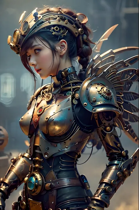 (masterpiece), (best quality), (perfect body), 1girl, steampunk, steampunk armor, mecha wings, cinematic light