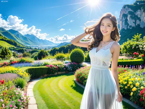 1 Girl, Dynamic Angle, Clouds and Mountains, (Flower Garden: 1.4) Foreground, White Dress, Light Tracing, (Floating Colorful Wind: 1) (Realistic: 1.4), Official Art, Unity 8k Wallpapers, Ultra Detail, Beautiful and Beautiful, Masterpiece, Best Quality, Glo...