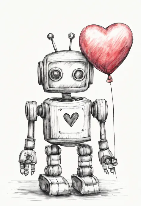 pencil sketch of a cute toy robot holding a heart-balloon, handdrawn, attention to details, drawing, white background